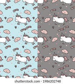 Colorful pattern of doodle unicorns star cloud and diamond