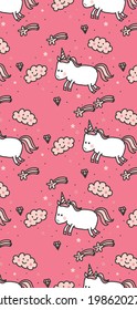 Colorful pattern of doodle unicorns star cloud and diamond