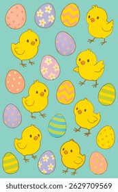 A colorful pattern of easter eggs and cute chicks on blue