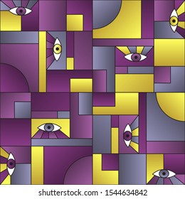 Colorful pattern with eyes in geometric shapes grid mondrian avant garde fashion textile print. Decorative modules illustration. Open eyes bauhaus geometric seamless pattern. Gradient vector design.