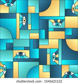 Colorful pattern with eyes in geometric shapes grid 80s and 90s vintage fashion fabric print. Decorative modules illustration. Open eyes bauhaus geometric seamless pattern. Gradient vector design.
