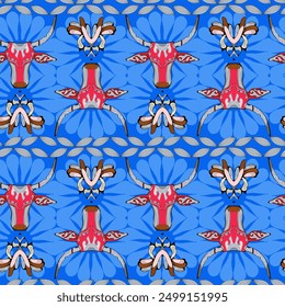 Patrón colorido para telas en la India. Sin costuras para imprimir, Anuncio, telas, papel. Fondo azul, dibujo rojo de vaca, adornos y Elementos de decoración de estilo.