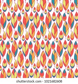 
Colorful pattern with feathers and drops. Beautiful spring, autumn ornament