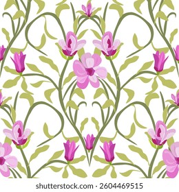 Colorful pattern features pink flowers and green foliage arranged elegantly on a white backdrop.