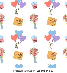 Colorful pattern featuring balloons, flowers, and gifts for celebrations and special occasions