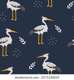 Colorful pattern featuring birds and botanical elements on a dark background