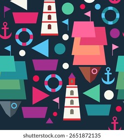 A colorful pattern featuring boats, lighthouses, anchors, and ge