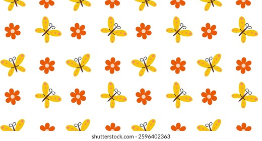 Colorful pattern featuring butterflies and flowers on a white background