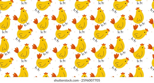 Colorful pattern featuring cheerful yellow chickens with orange accents on a white background