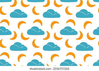 Colorful pattern featuring clouds and crescent moons against a white background