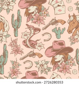 Um padrão colorido com elementos cowgirl como chapéus revólveres e cavalos entrelaçados com flores e cactos. Este design incorpora uma estética clássica ocidental.