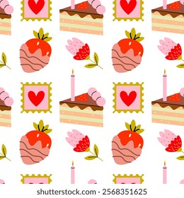 Colorful pattern featuring dessert illustrations with hearts and candles in a whimsical design