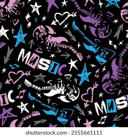 A colorful pattern featuring electric guitars musical notes and stars in purple pink white and gray against a black background creating an energetic and youthful vibe.