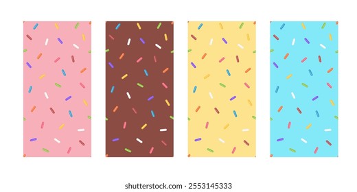 Um padrão colorido com quatro retângulos verticais em cores pastel: rosa, marrom, amarelo e azul, cada um adornado com vários polvilhos em cores diferentes.