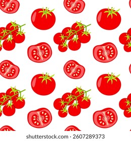 Colorful pattern featuring fresh tomatoes sliced and whole on a white background suitable for various design projects
