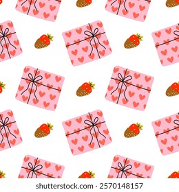 Colorful pattern featuring gift boxes and strawberries on a white background