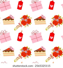 Colorful pattern featuring gifts, flowers, cake, and candles for celebrations