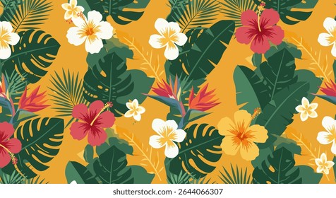 A colorful pattern featuring hibiscus, plumeria, bird of paradise flowers, and various palm leaves on a golden background.