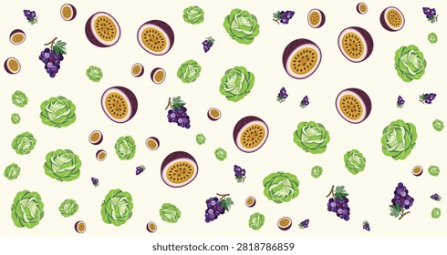 Colorful pattern featuring lettuce grapes and passionfruit ideal for food health and nutrition concepts with vibrant shapes and natural visual appeal