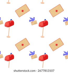 Colorful pattern featuring mailboxes, envelopes, and a bird with letters on a white background