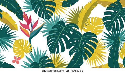 A colorful pattern featuring monstera leaves, palm fronds, a bird of paradise flower, and a small flower in shades of green, yellow, red, and blue.