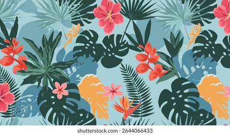 A colorful pattern featuring monstera leaves, palm fronds, hibiscus flowers, and bird of paradise blooms in a stylized, flat design.