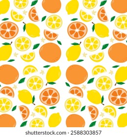 Colorful pattern featuring oranges and lemons on a bright white background with vibrant leaves and fruit slices