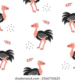 Colorful pattern featuring playful cartoon ostriches in a whimsical design