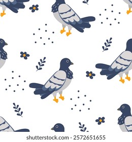 Colorful pattern featuring playful pigeons among flowers and dots on a white background