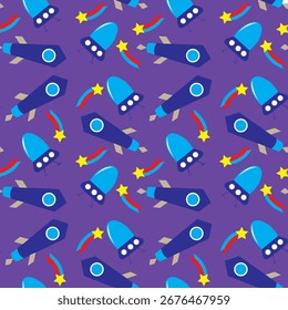 Padrão colorido com foguetes, estrelas e formas abstratas
