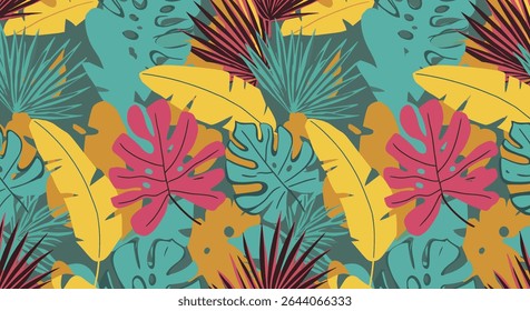 A colorful pattern featuring stylized tropical leaves in shades of yellow, pink, teal, and brown, creating a vibrant and eye-catching design.