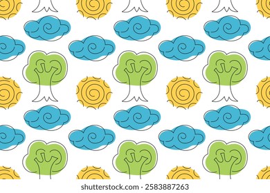 Colorful pattern featuring trees and suns in a playful design for textiles or wallpapers