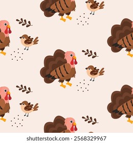 Colorful pattern featuring turkeys and small birds with leaves on light background