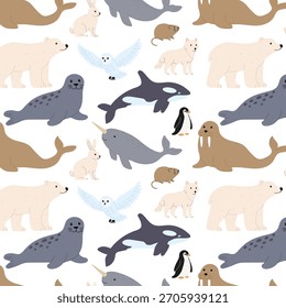 Colorful pattern featuring various Arctic and marine animals in a playful design suitable for children or educational materials