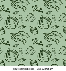 Colorful pattern featuring various autumnal elements, including pumpkins, acorns, and mushrooms on a light green background