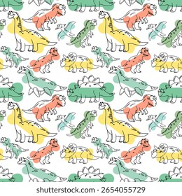 A colorful pattern featuring various cartoon-style dogs in different poses. The dogs are illustrated in yellow, orange, and green against a white background.