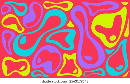 Colorful pattern featuring various irregular, organic shapes on red background. The shapes are fluid and curvy, creating a dynamic and visually engaging composition.