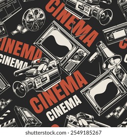 A colorful pattern featuring various vintage cinema equipment including cameras projectors and televisions against a dark background. This design celebrates the history of film and media.