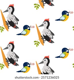 Colorful pattern featuring woodpeckers and small birds in a playful design