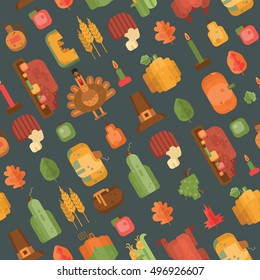 Colorful pattern with flat geometric icons for Thanksgiving day. Traditional Thanksgiving symbols and things. Elements for postcard or invitation for Thanksgiving Day. Vector illustration art.