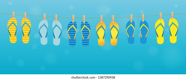 colorful pattern flip flops hanging on a rope on turquoise background summer holiday design vector illustration EPS10