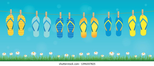 colorful pattern flip flops hanging on a rope on turquoise background with green grass and daisy flowers summer holiday design vector illustration EPS10