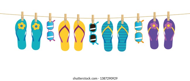 colorful pattern flip flops and sunglasses hanging on a rope on white background summer holiday design vector illustration EPS10