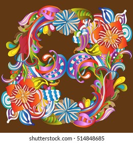 colorful pattern with flowers and branches on a brown background