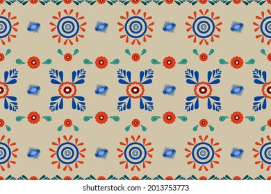 Colorful pattern with flowers, Ethic Geometric Boho Seamless pattern Design for background, carper, wallpaper,clothing, batik, fabric, Vector illustration style.