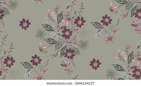 Colorful pattern of flowers and leaves, repeating pattern, artistic like wallpaper.