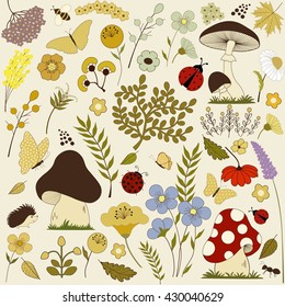  Colorful pattern with flowers and mushrooms