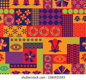 Colorful pattern with flowers and symbols