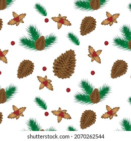Colorful pattern of forest fruits. Ripe cones and juicy red mountain ash.