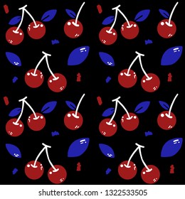 Colorful pattern with fresh cherry, berries and leaves, cute tropical fruits background set with simple design for summer. Vector Illustration.